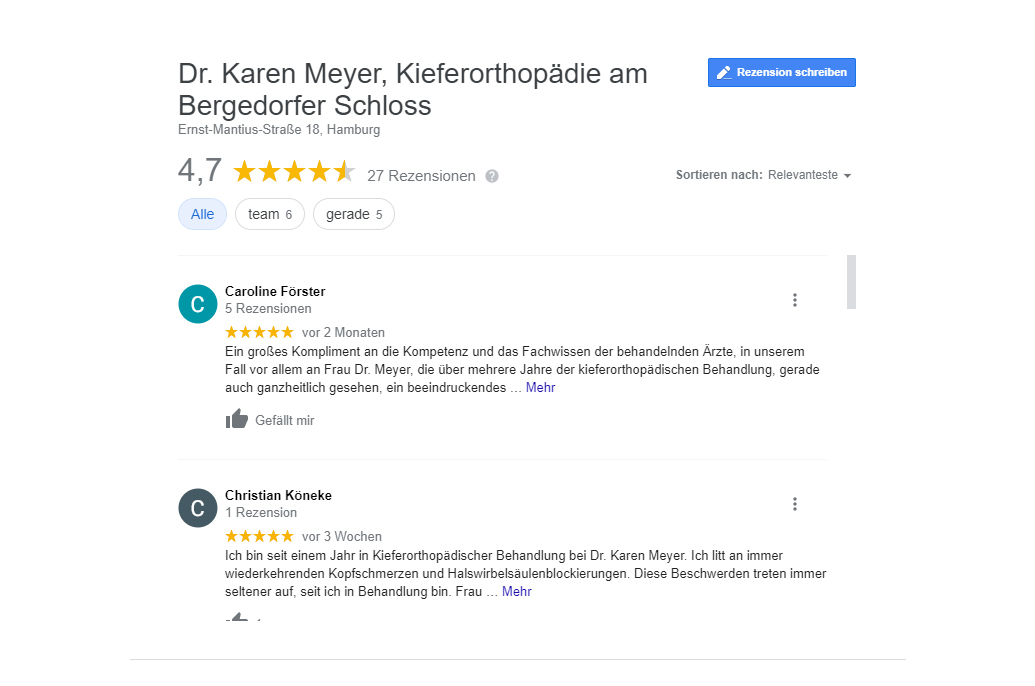 Praxis für Kieferorthopädie Dr. Karen Meyer, Dr. Nadine Hoischen - Google Bewertung